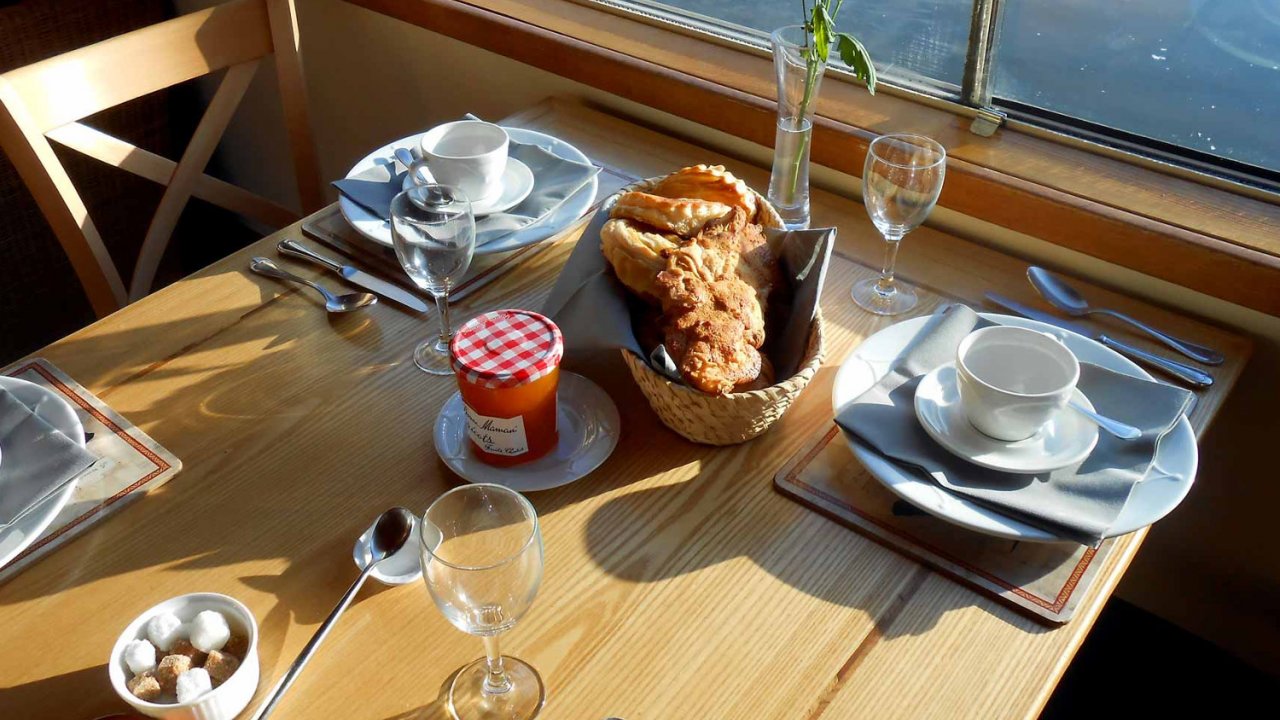 breakfast served onboard barge in France