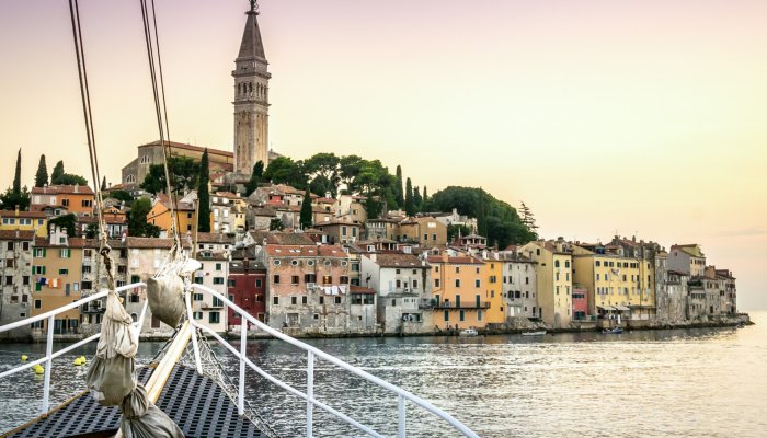 looking over Croatian town from bow of yacht
