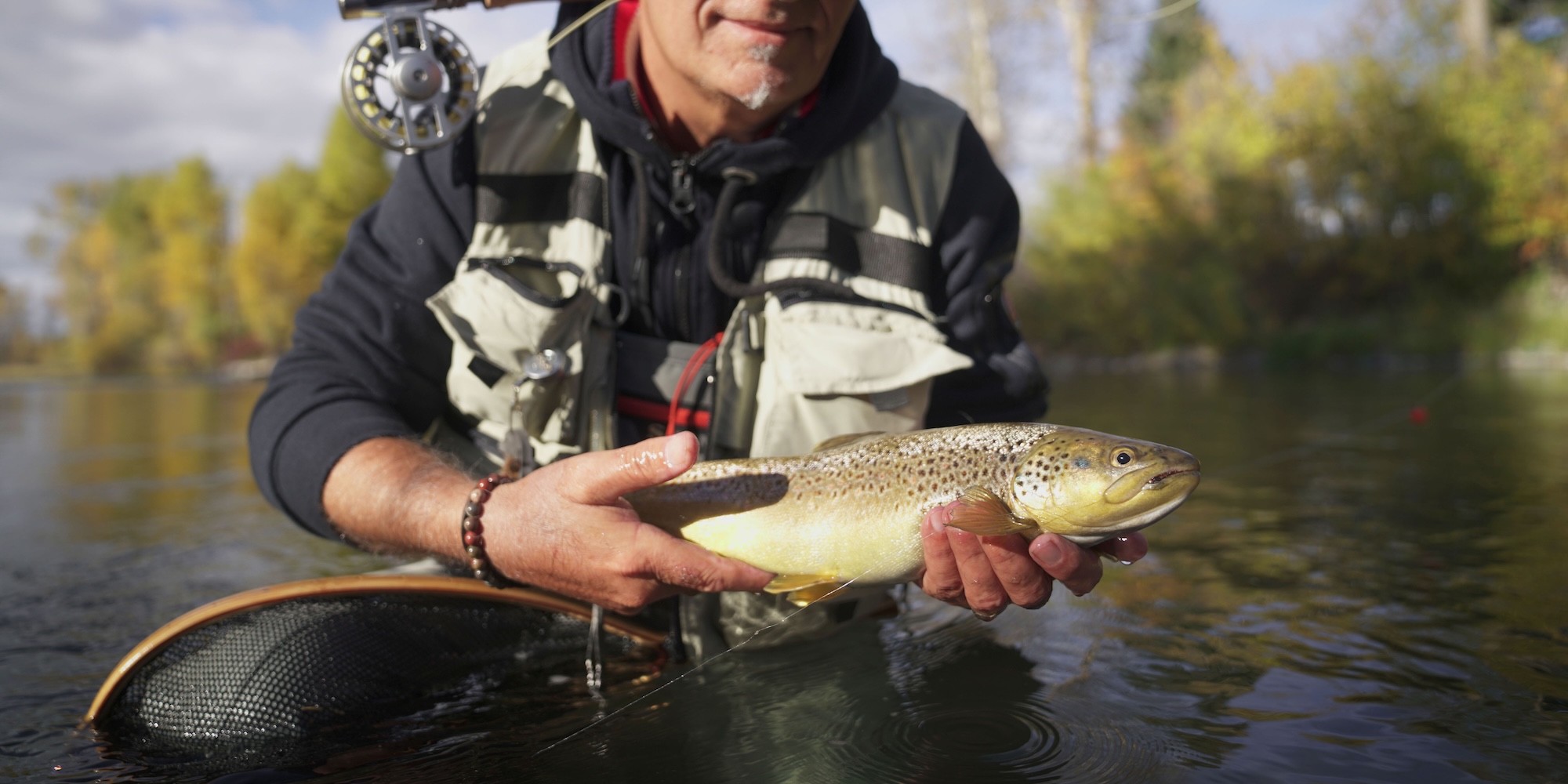 A fly fisherman sitting in an Idaho river with a freshly caught Trout. 