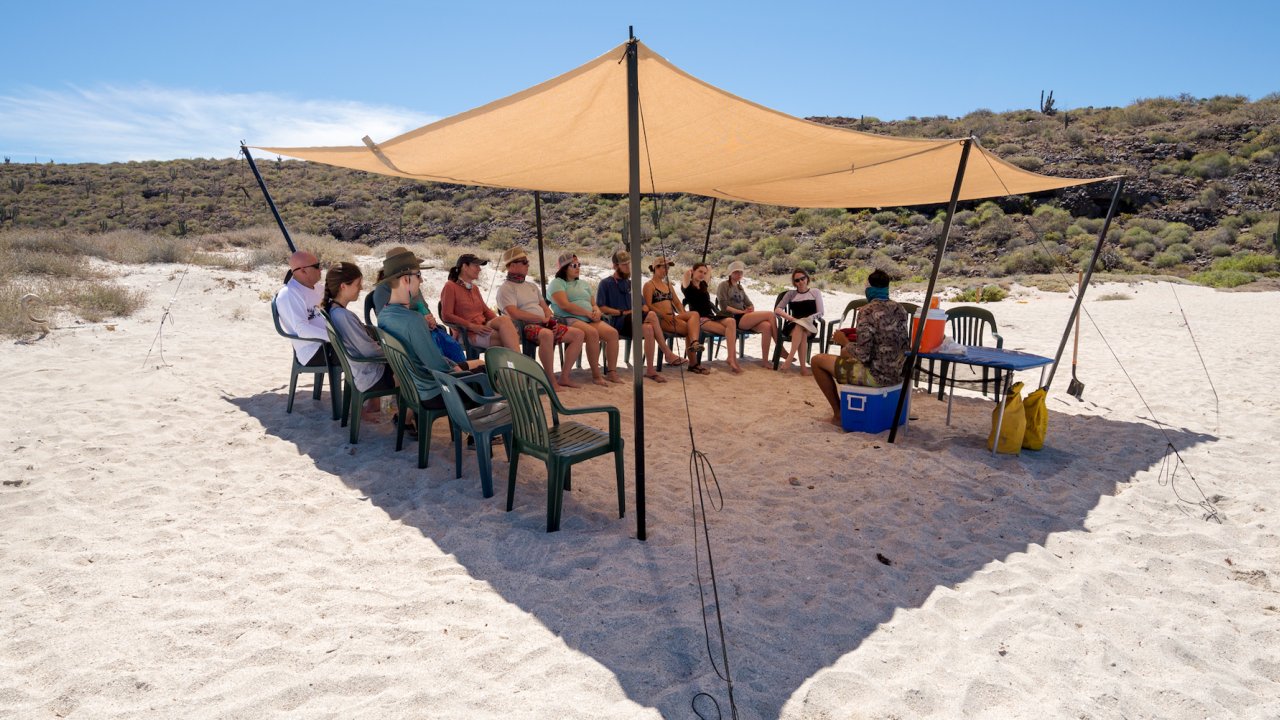 Group orientation under a tent on the beach before a day of kayaking