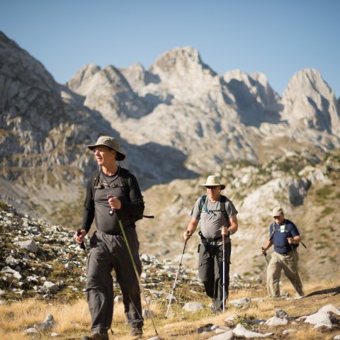 A group of hikers walking through the Peak of the Balkans on a guided hiking tour in Albania