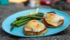 Fresh camp breakfast with eggs benedict and asparagus served riverside on a Hells Canyon rafting and hiking trip in Idaho.