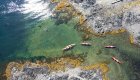 Sea kayakers from above in Queen Charlotte Strait, British Columbia