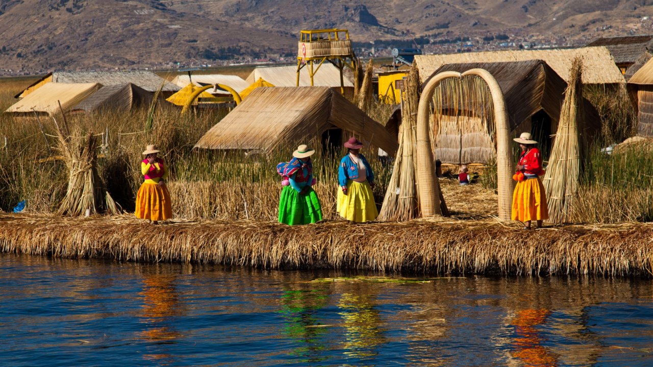 Floating islands on Lake Titicaca in Peru