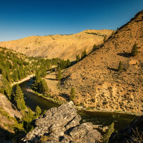 Hiking lookout overlooking the Middle Fork Salmon River on a sunny summer day