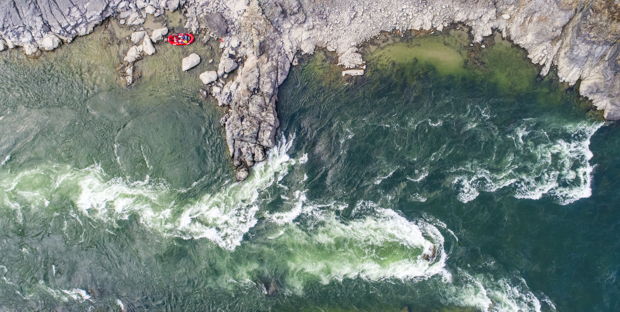 Birdseye view of a rapid on the Lower Salmon River in Idaho