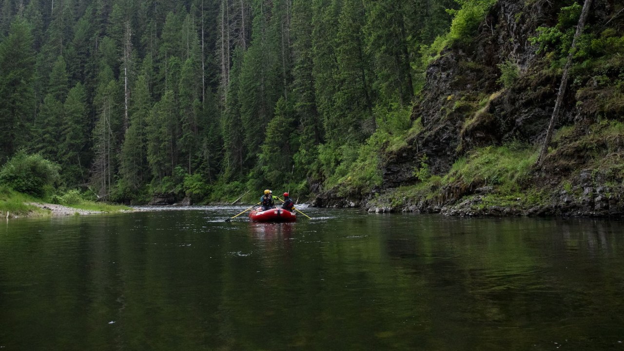 A red raft on a flat water section of river among a very dense and green forest