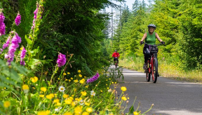 A woman biking through Olympic National park on an e-bike and hike tour with ROW adventures.