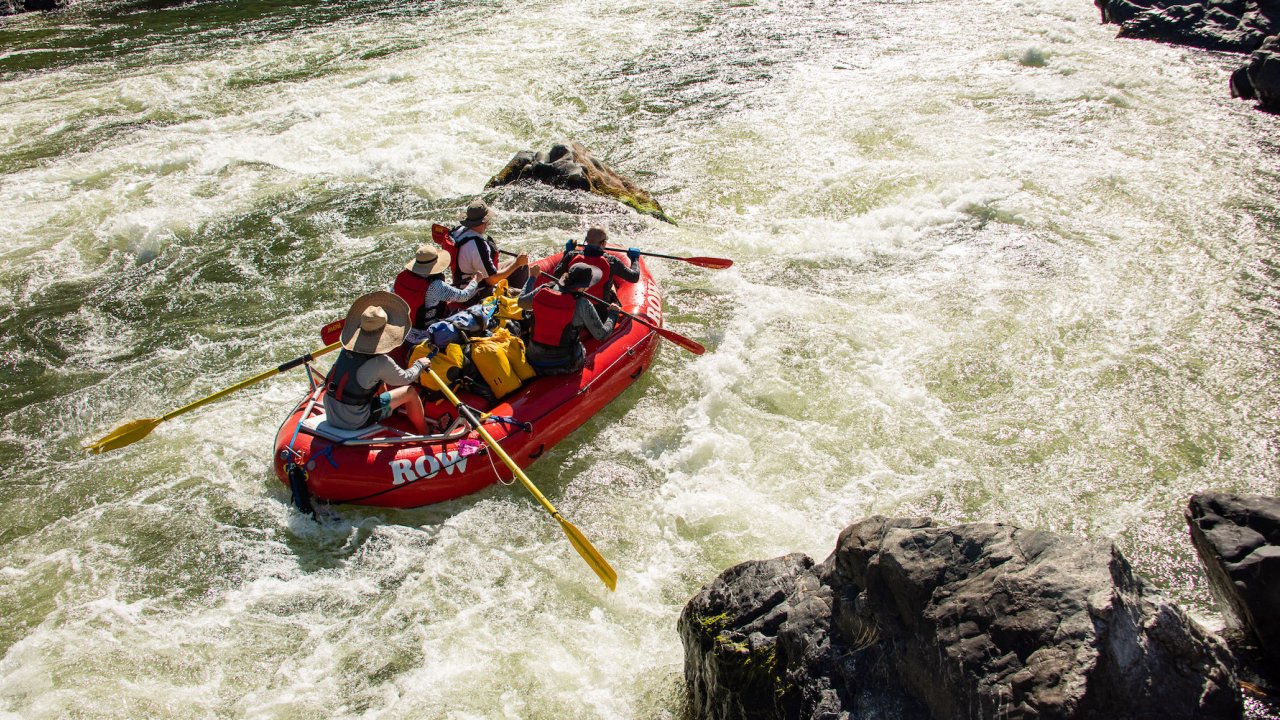 Shot from behind a red whitewater raft moving downstream through a rapid on a sunny day on the Rogue River