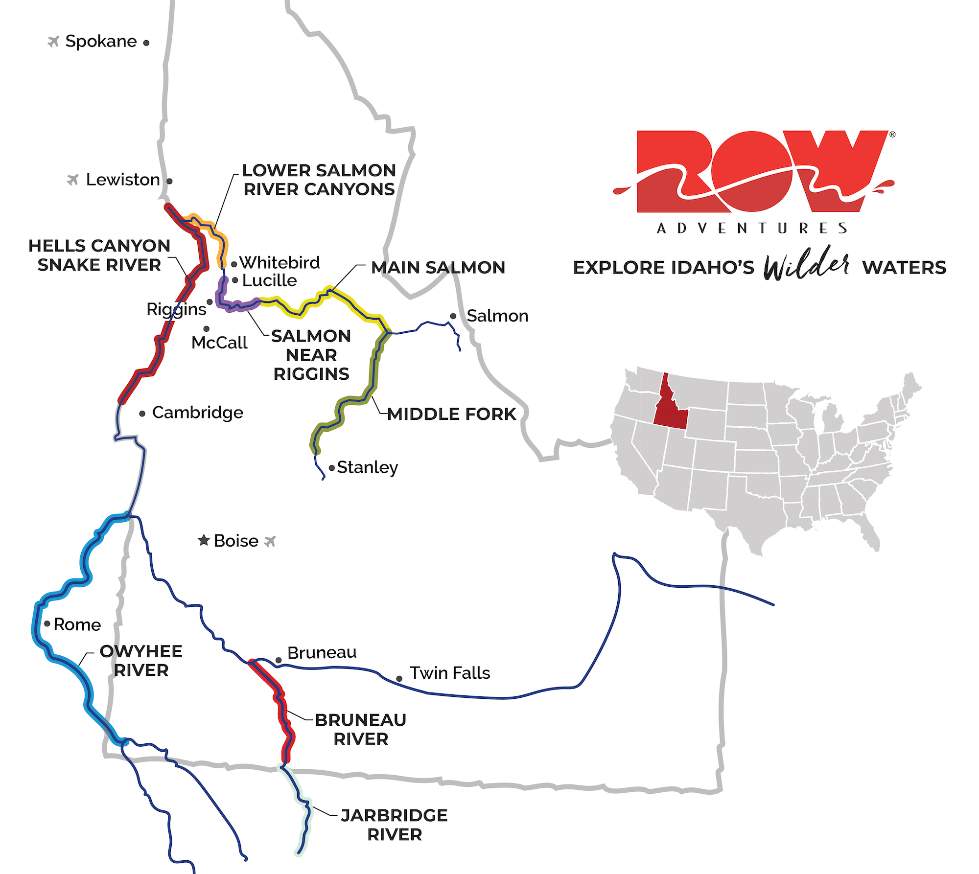 Map of the river in Idaho that ROW Adventures offers trips on