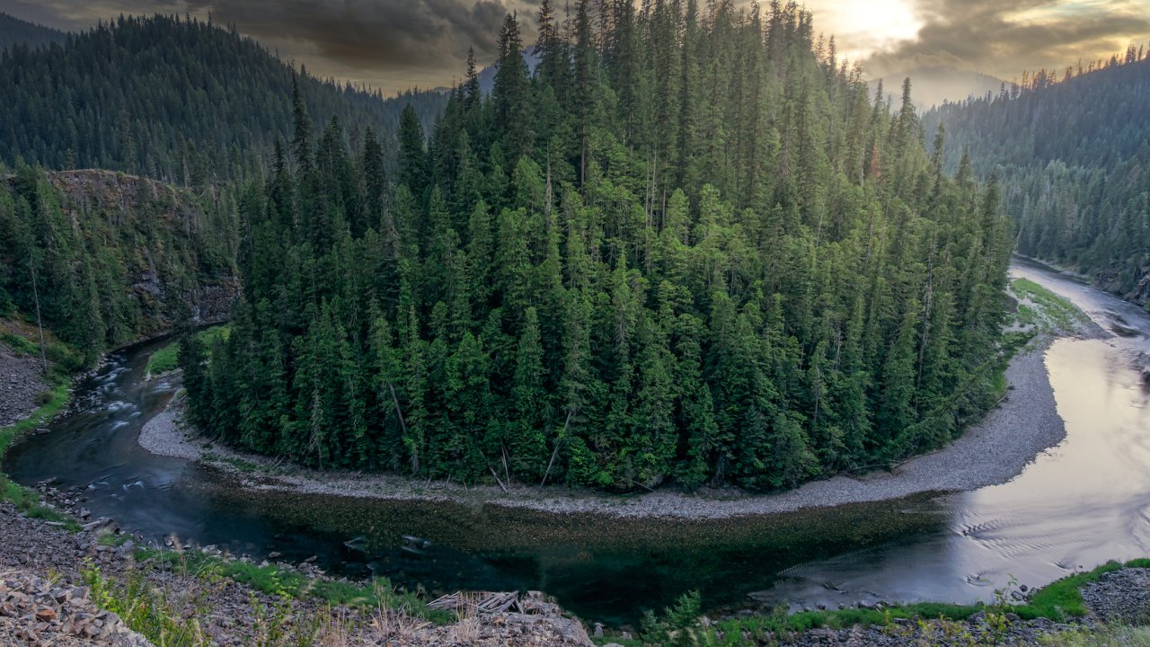 Birds eye view of a bend in the St. Joe River in North Idaho