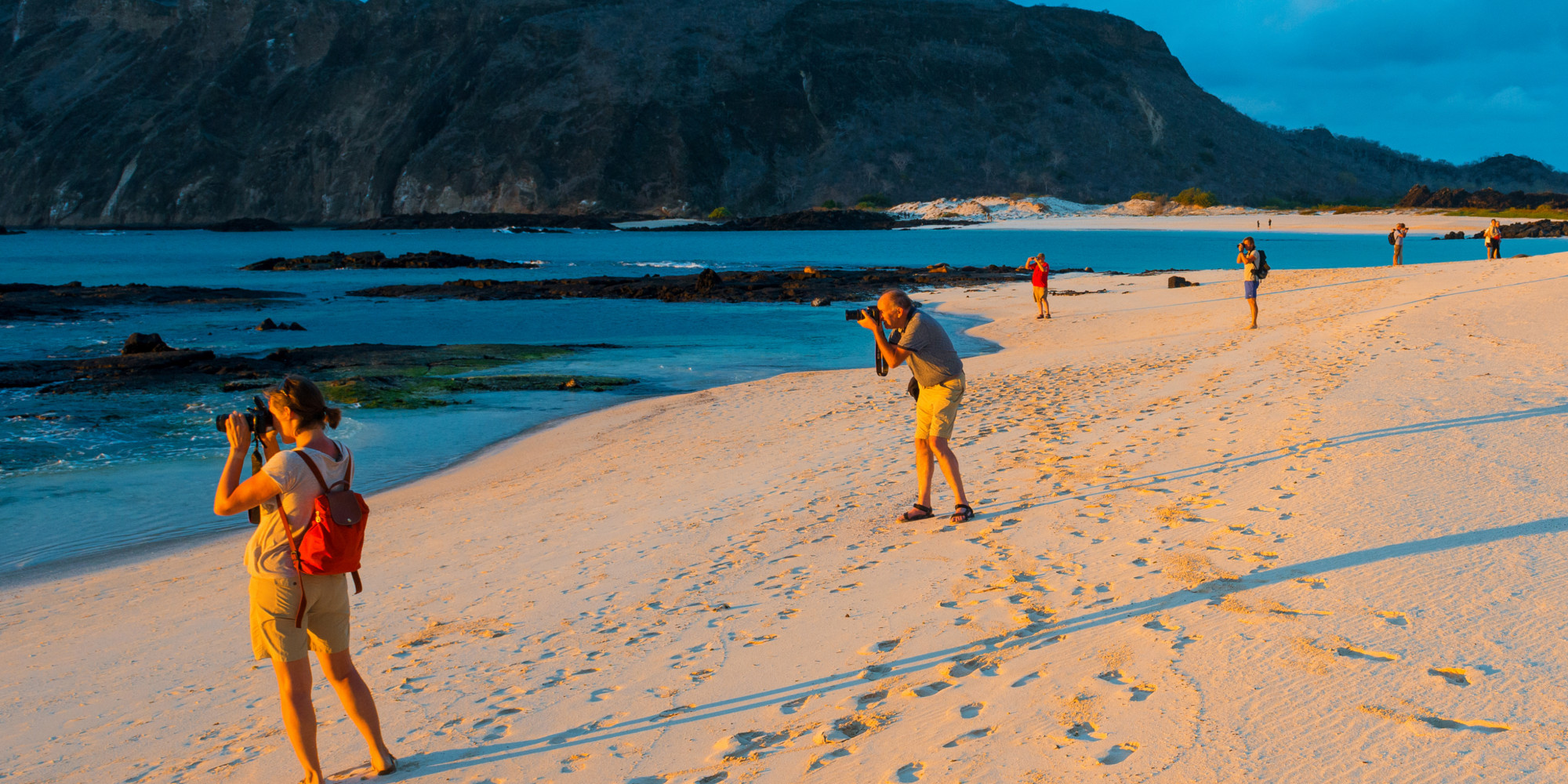 People scattered across a beach on a sunny afternoon all taking pictures of the same thing in the ocean in the Galapagos Islands