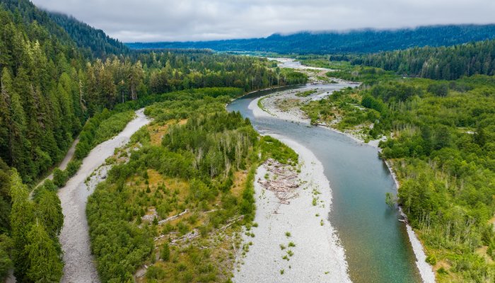 An arial view of the Elwha river on the Olympic Penninsula in Washington State.