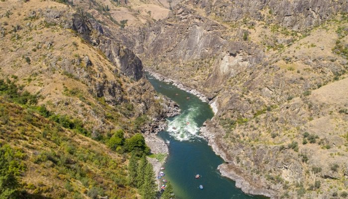 An arial view of the Salmon River and a rapid on this section.