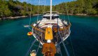 A bow view of a yacht anchored in a secluded bay in Croatia. 