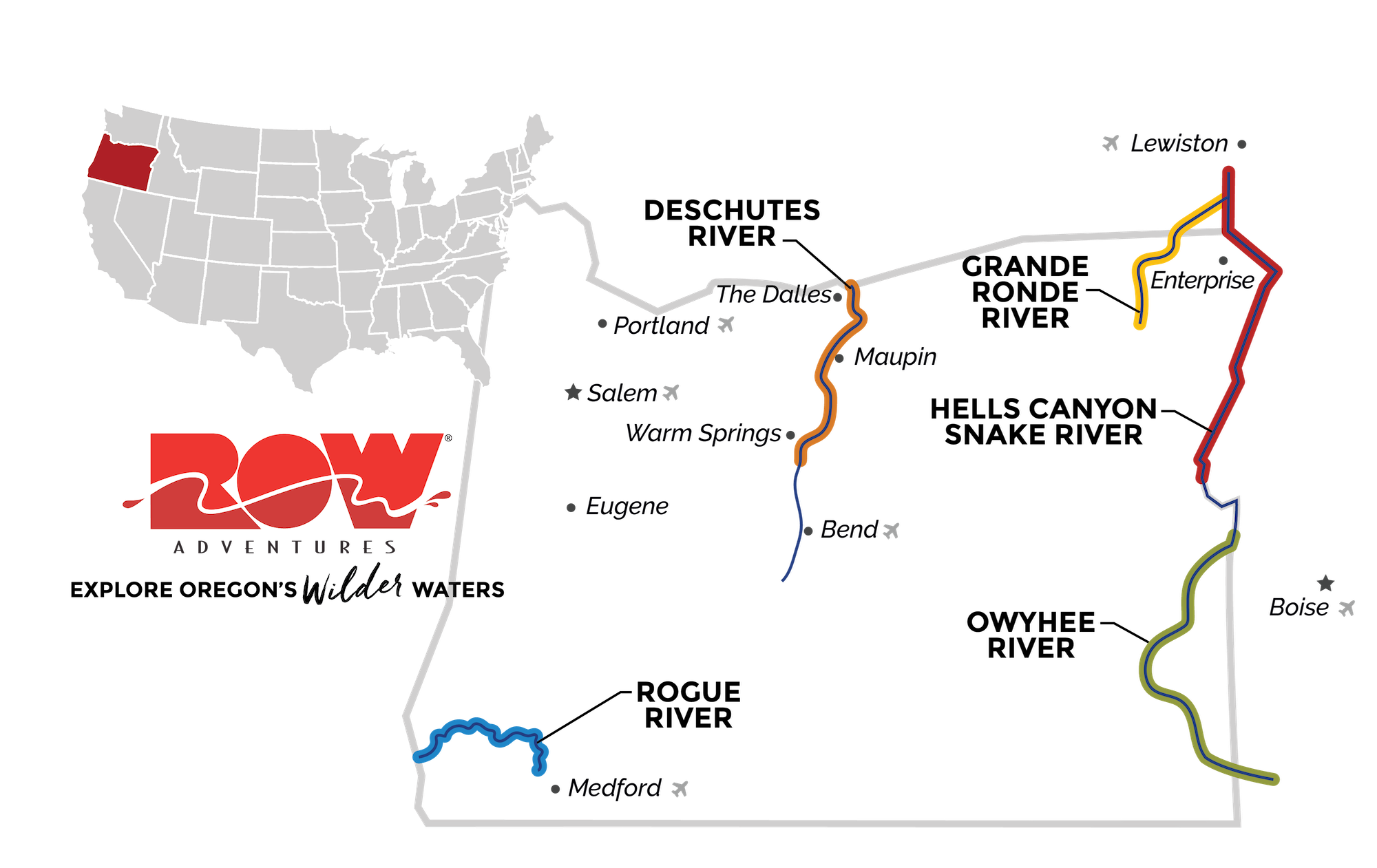 Map of rivers ROW Adventures rafts in Oregon